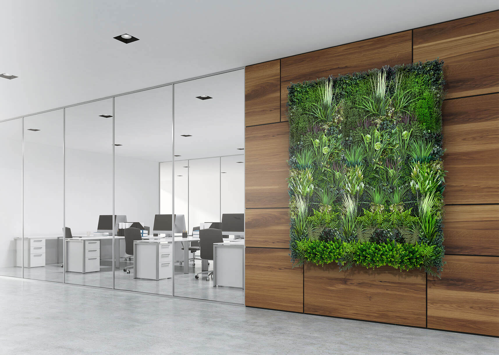 Commercial office space adorned with a decorative artificial green wall