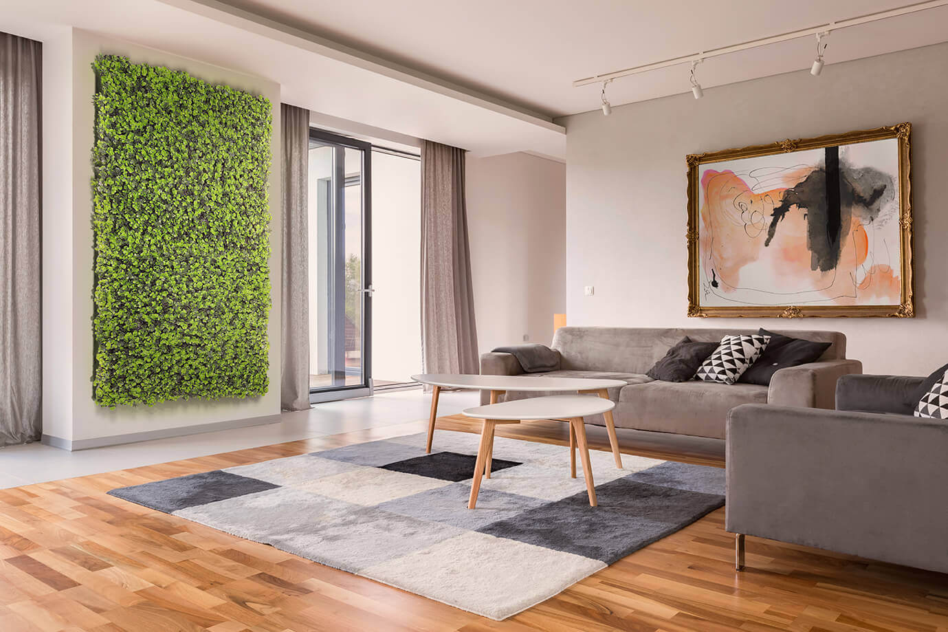 Living room decorated with an artificial green wall