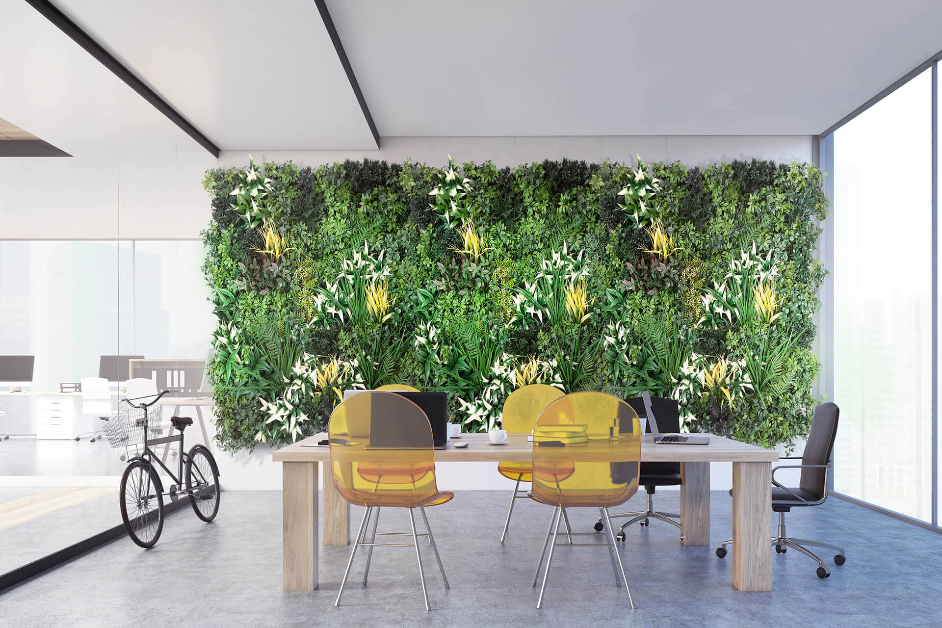 Relaxation & work area decorated with artificial green wall