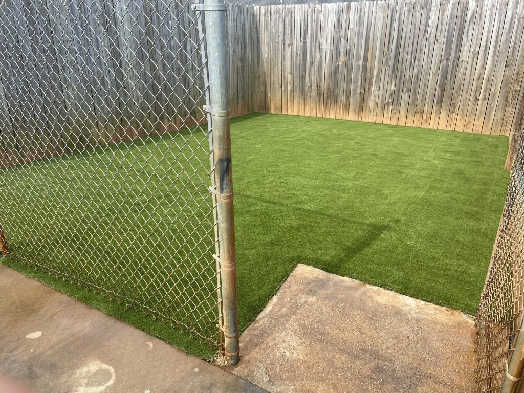 artificial grass area with fence for dogs