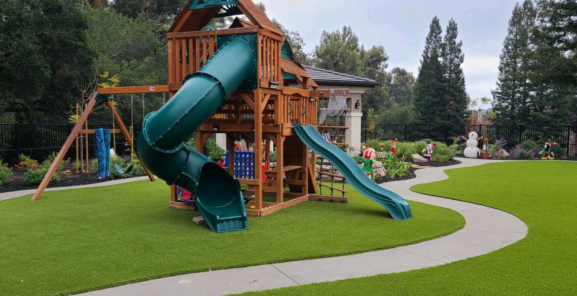 Backyard artificial playground grass with Jungle Gym